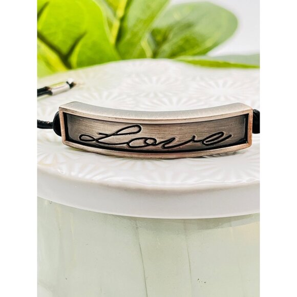 Silver Bar "Love" Charm Bracelet With 2 mm Black Leather Cord NEW - Picture 6 of 6